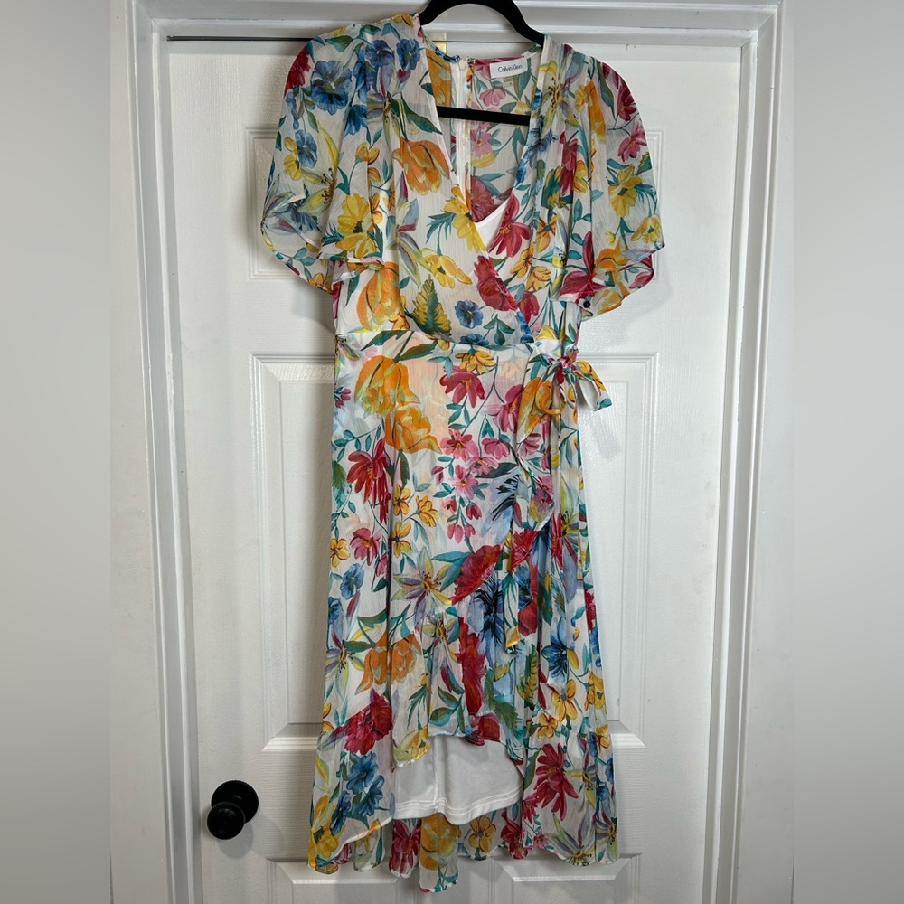 Calvin Klein White Floral Wrap Dress with Red, Yellow & Blue Blooms - Picture 2 of 5